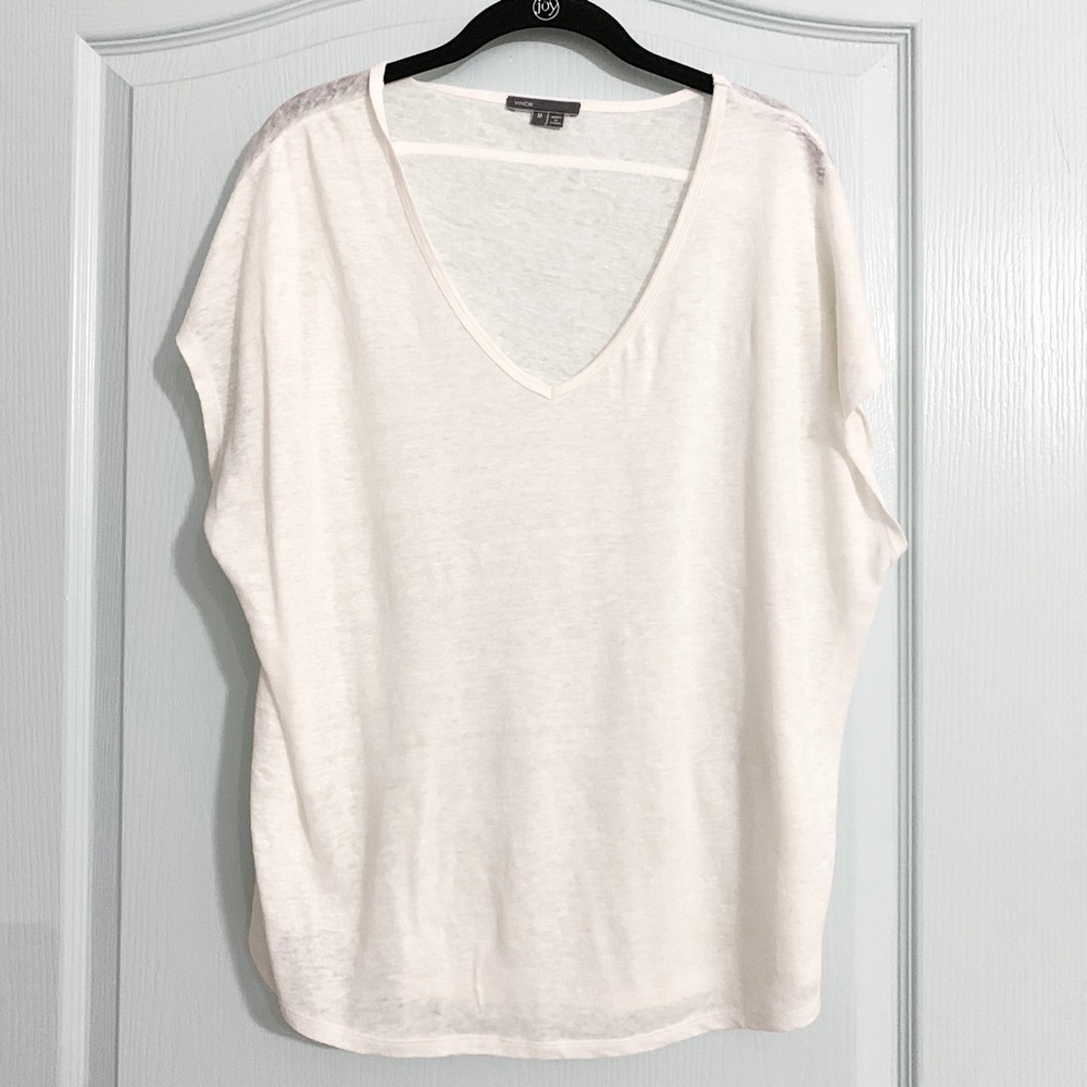 Vince linen V Neck tee, Ivory, Medium